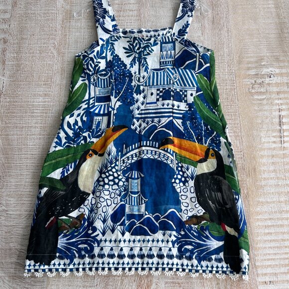 Farm Rio Ancient Garden Mini Dress Sleeveless Small Blue/White - Picture 6 of 13